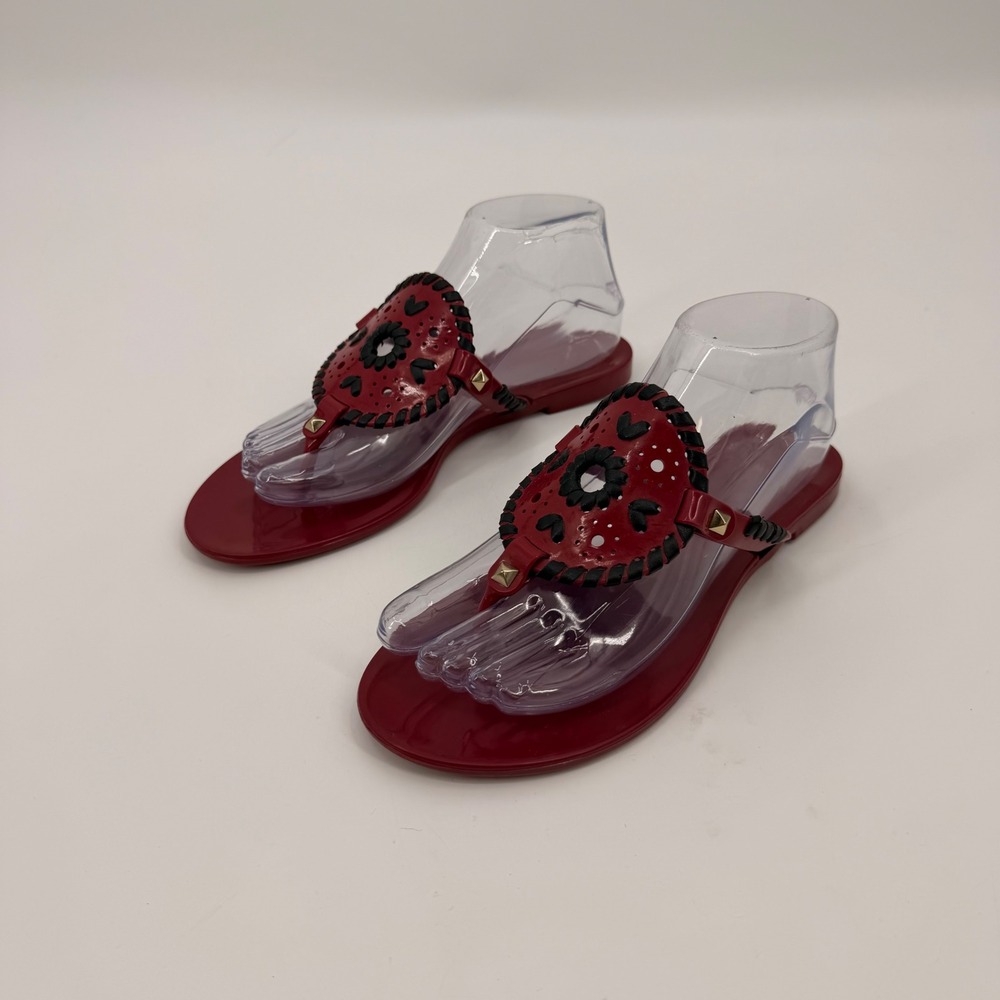 Jack Rogers Georgica Red Jelly Sandals Black Whipstitch Studded Thong Flats 7